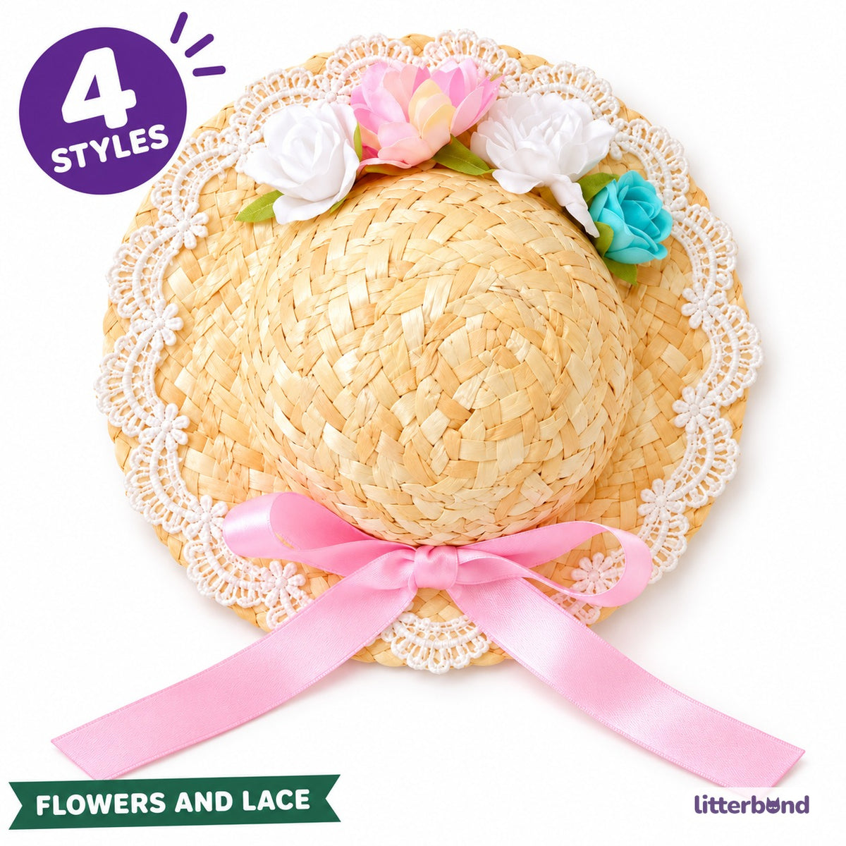 Floral Lace Straw Hat for Photos