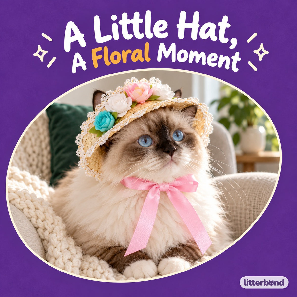 Floral Lace Straw Hat for Photos on a cat
