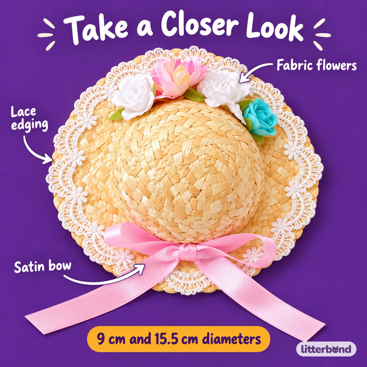 Floral Lace Straw Hat for Photos - close-up details