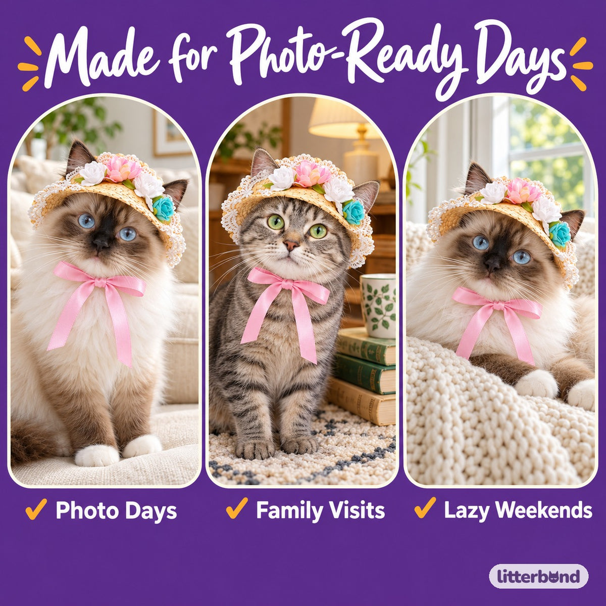 Floral Lace Straw Hat for Photos on a cat at home