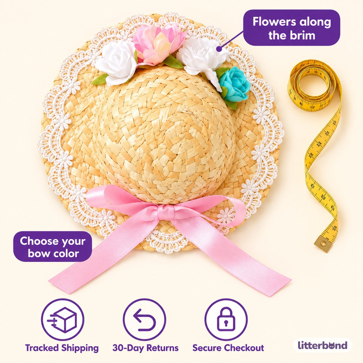 Floral Lace Straw Hat for Photos - size and details
