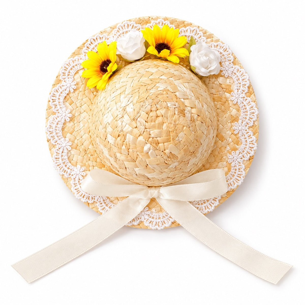 Floral Lace Straw Hat for Photos - Ivory Bow