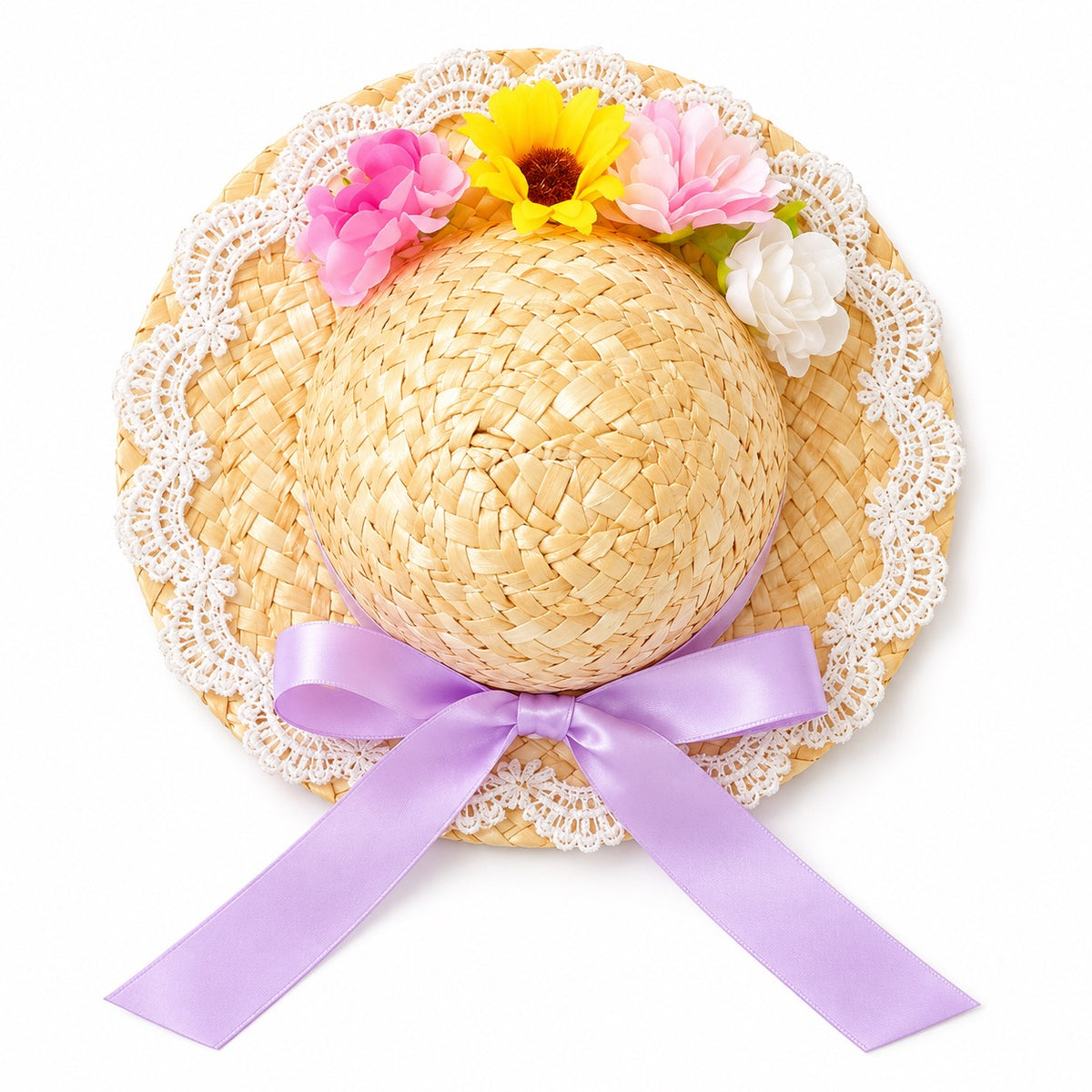 Floral Lace Straw Hat for Photos - Lavender Bow