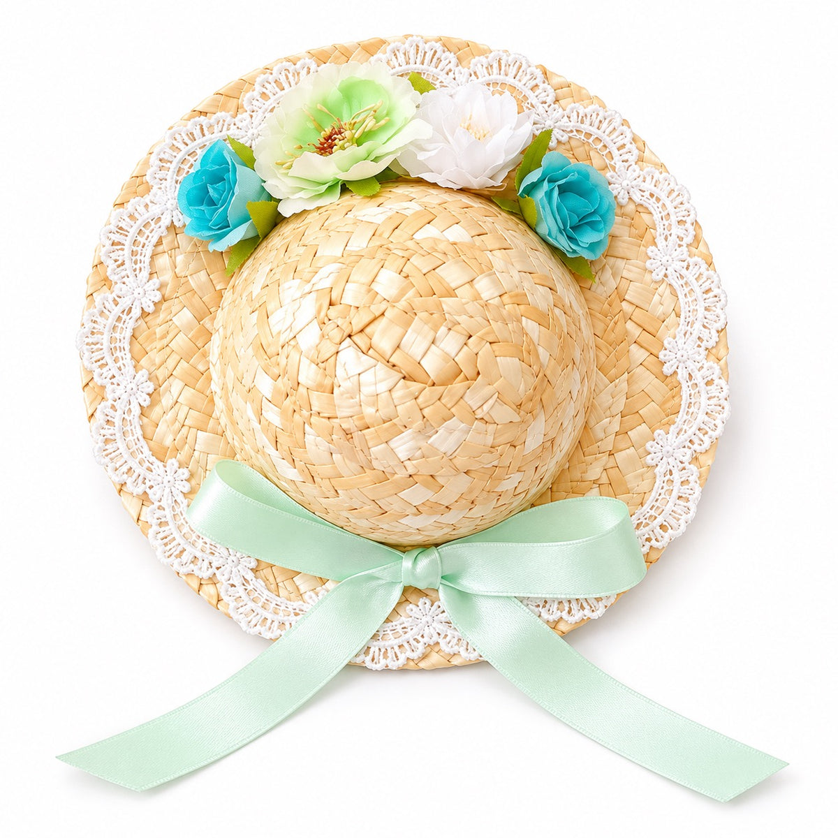 Floral Lace Straw Hat for Photos - Mint Bow