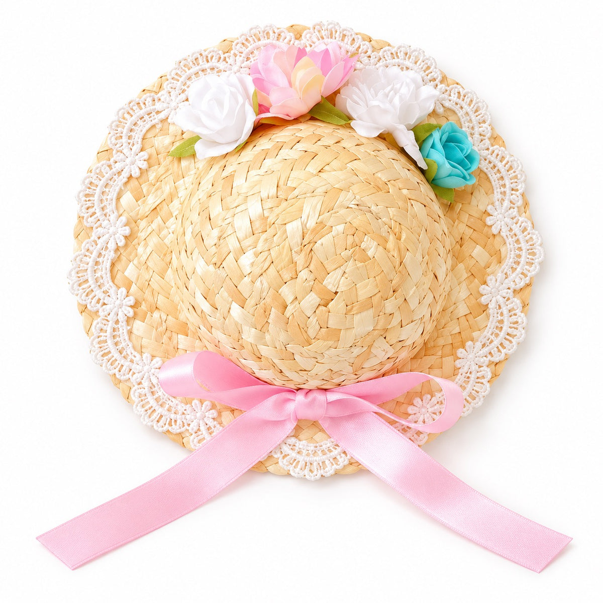 Floral Lace Straw Hat for Photos - Pink Bow