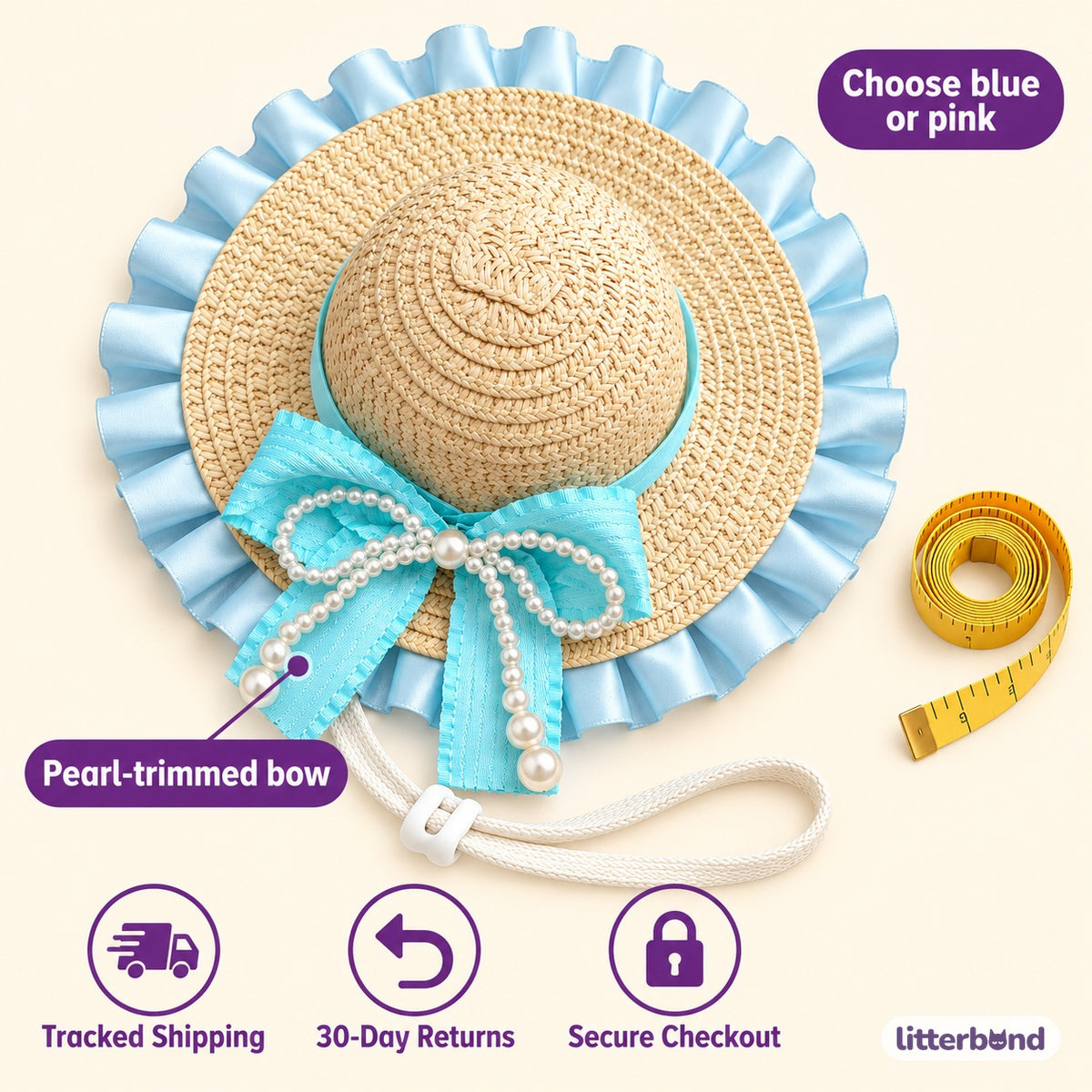 Pearl-Bow Ruffle Hat for Photos - size and details
