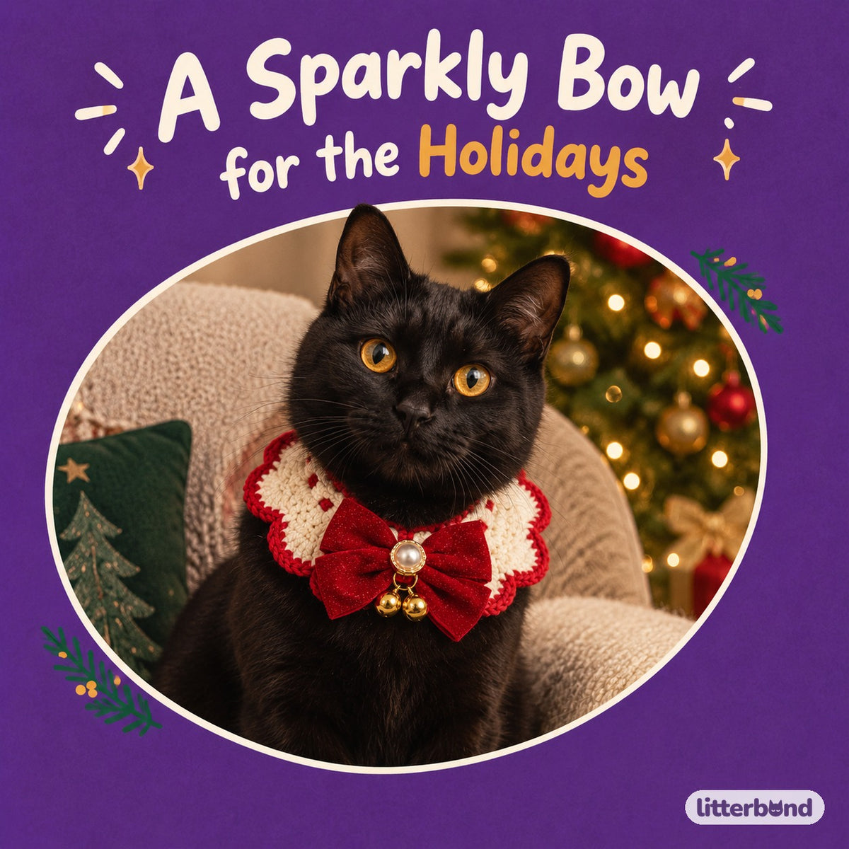 Red Glitter Bow Crochet Collar on a cat