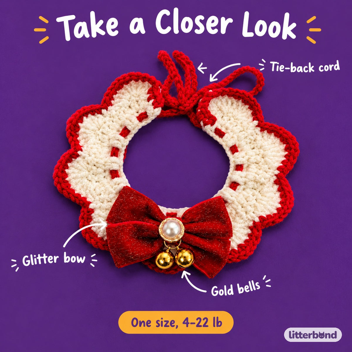 Red Glitter Bow Crochet Collar - close-up details