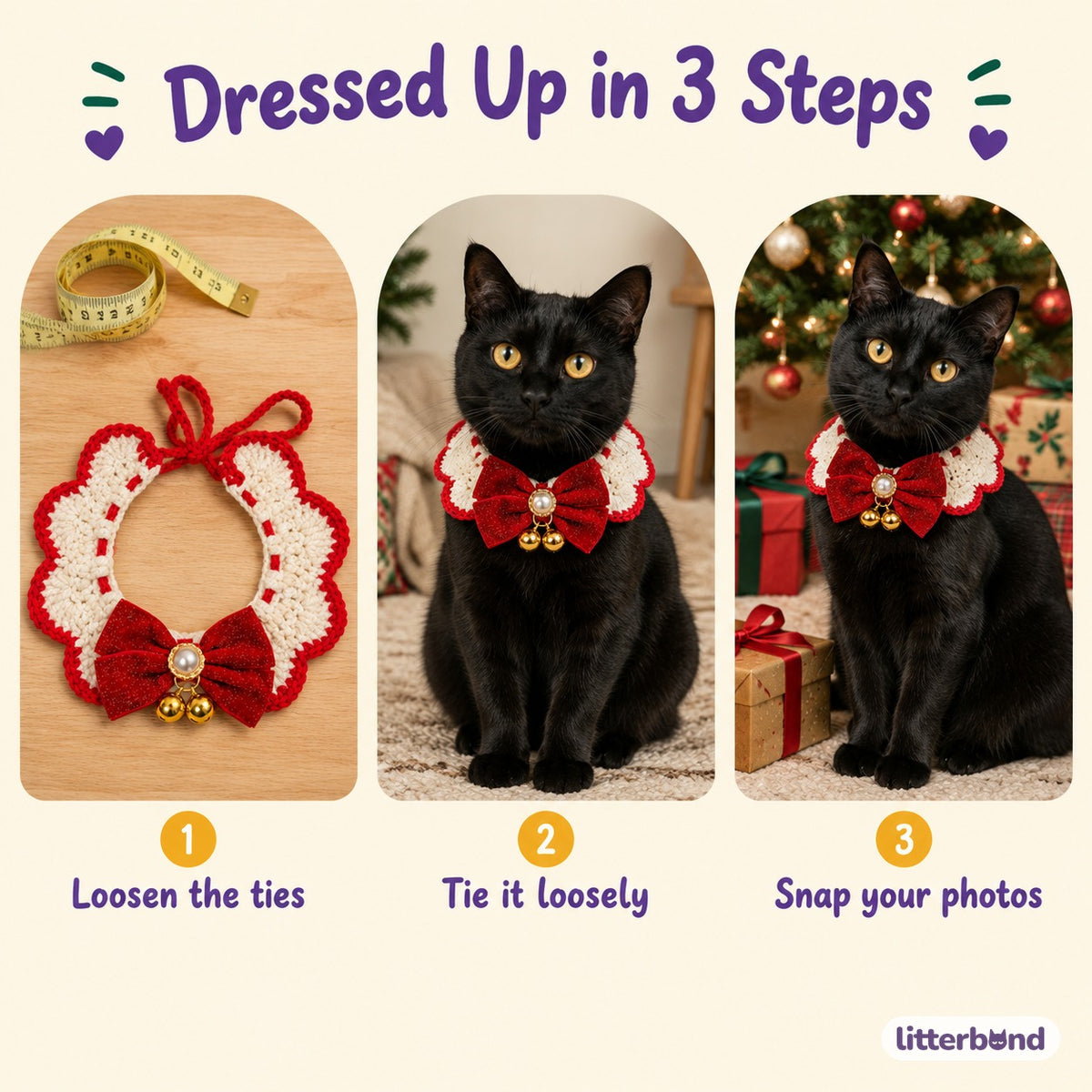Red Glitter Bow Crochet Collar - how to put it on
