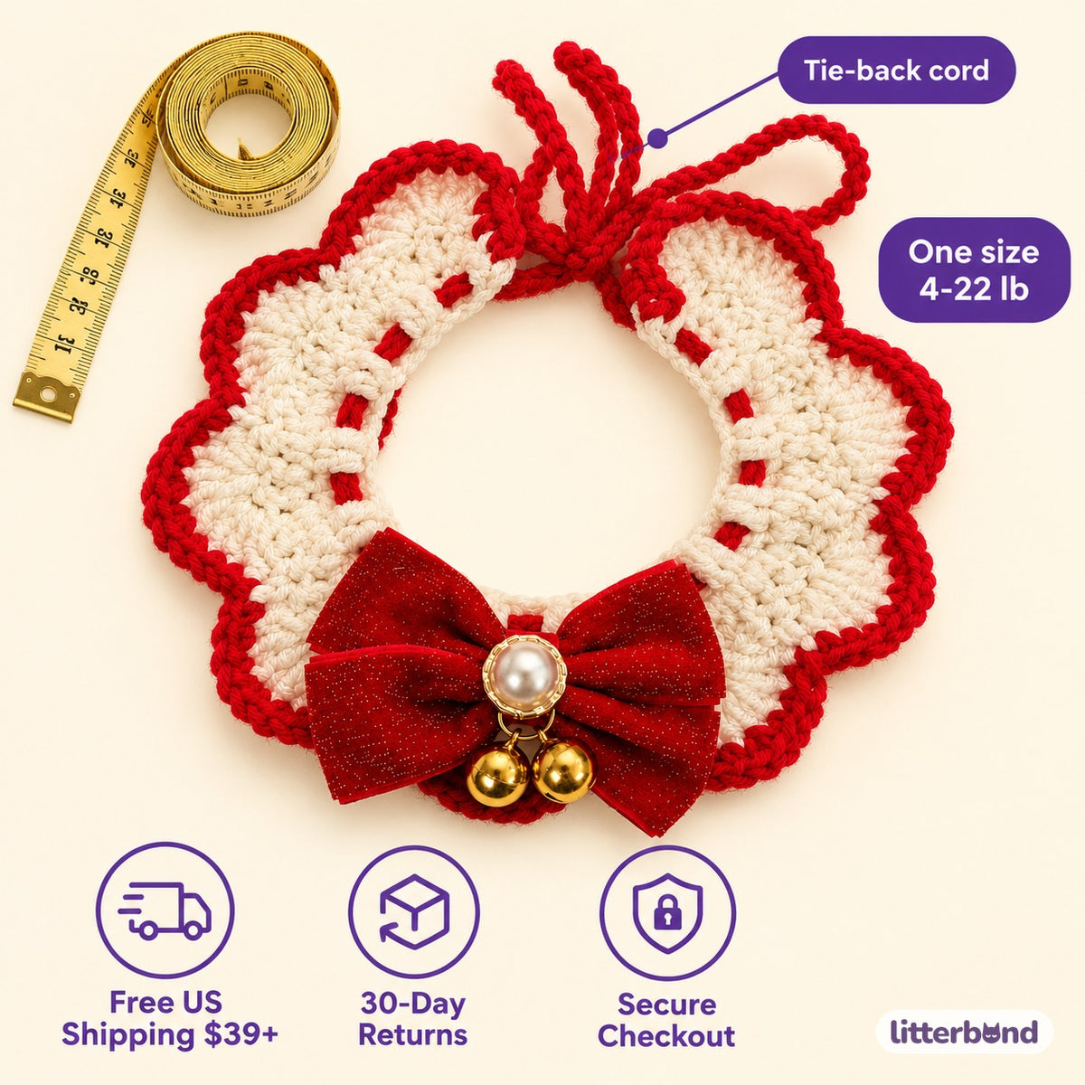 Red Glitter Bow Crochet Collar - size and details