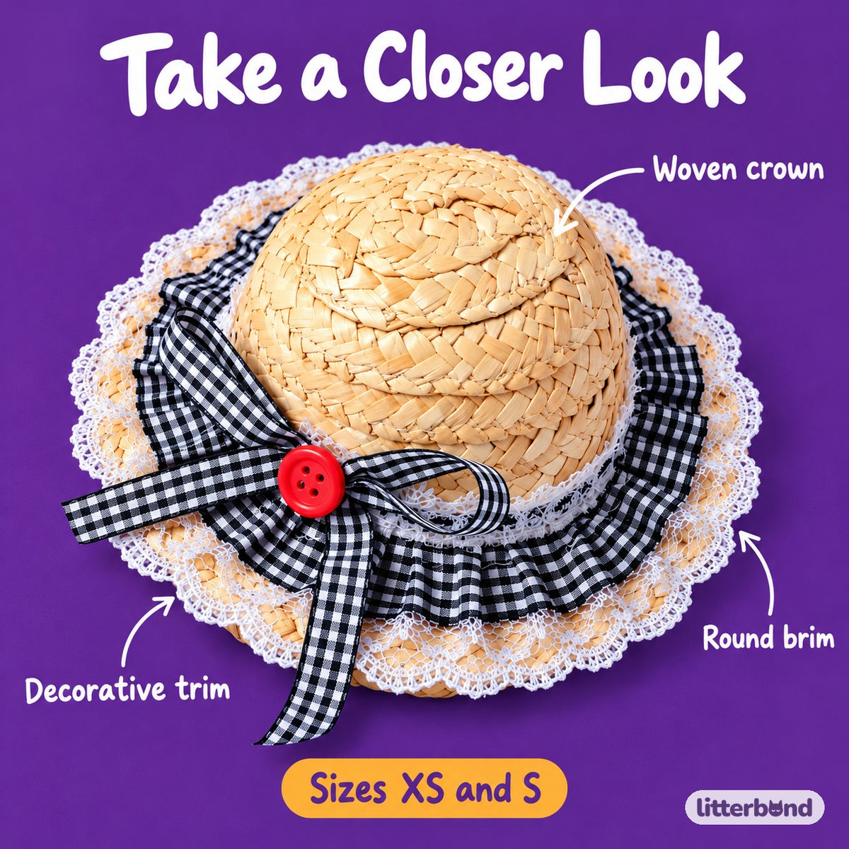Gingham Lace Straw Hat for Photos - close-up details