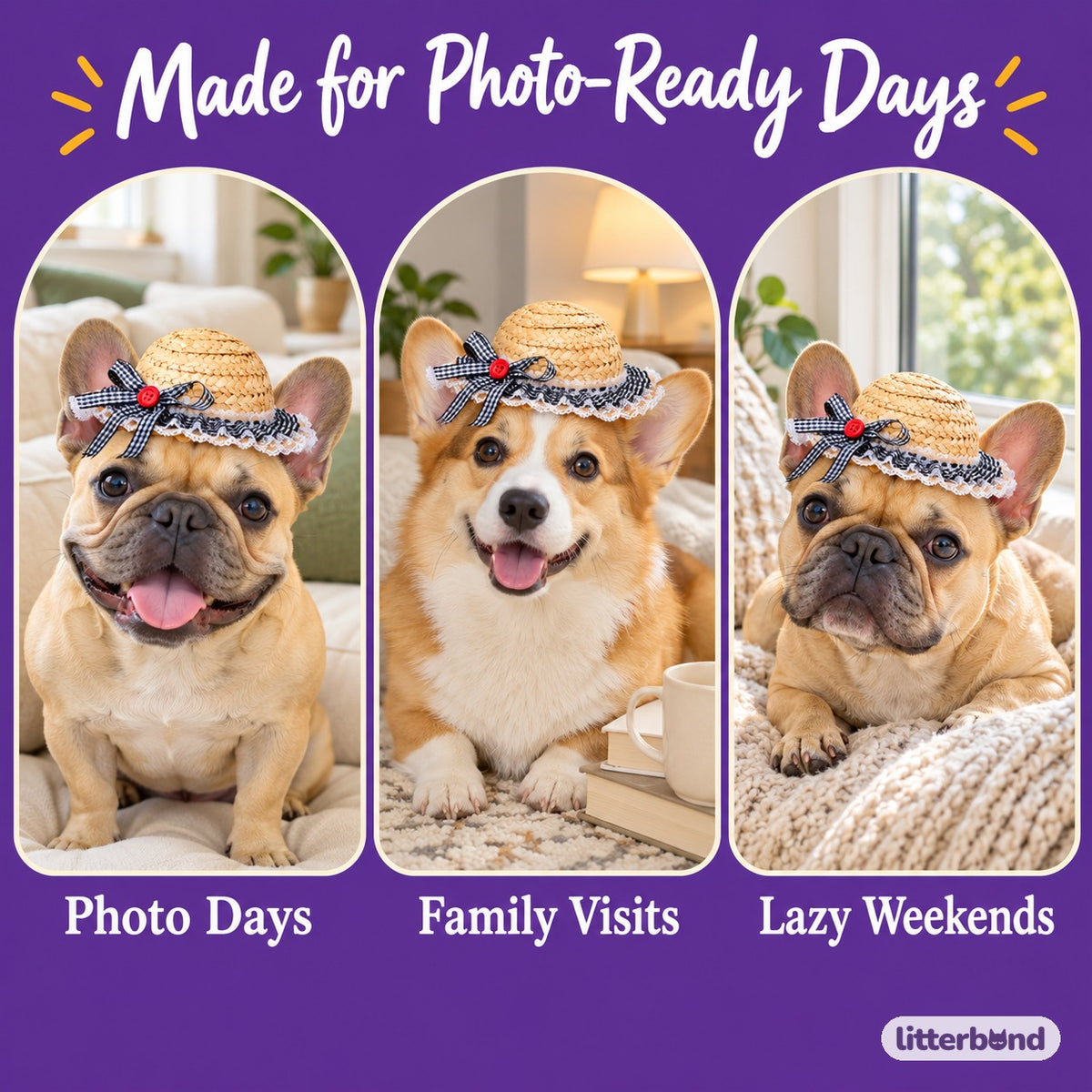 Gingham Lace Straw Hat for Photos on a cat at home