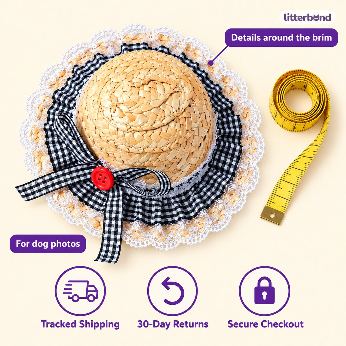 Gingham Lace Straw Hat for Photos - size and details
