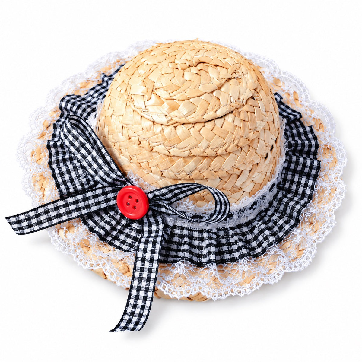 Gingham Lace Straw Hat for Photos - Black Gingham