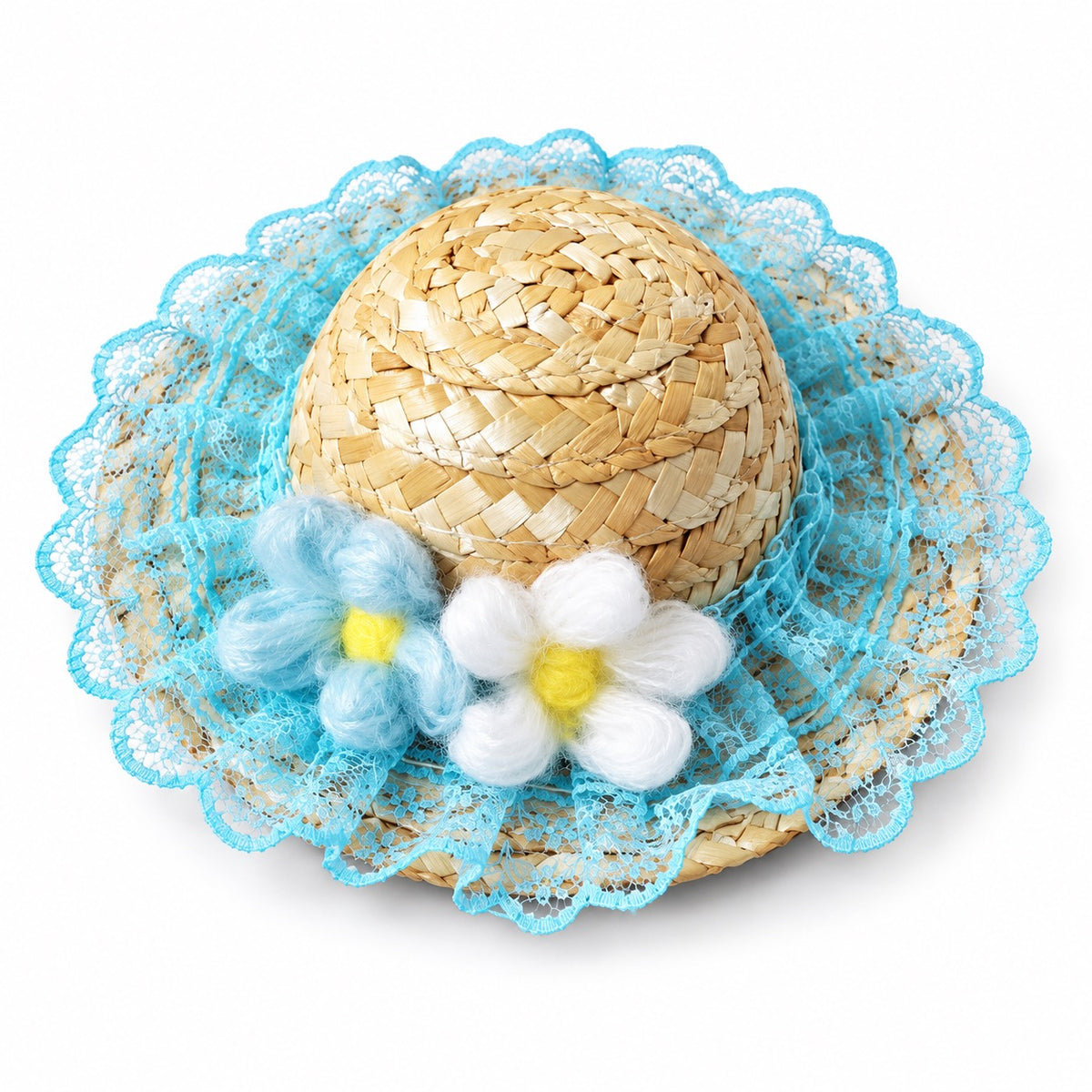 Gingham Lace Straw Hat for Photos - Blue Flower Lace