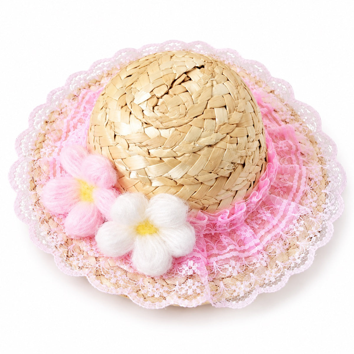 Gingham Lace Straw Hat for Photos - Pink Flower Lace