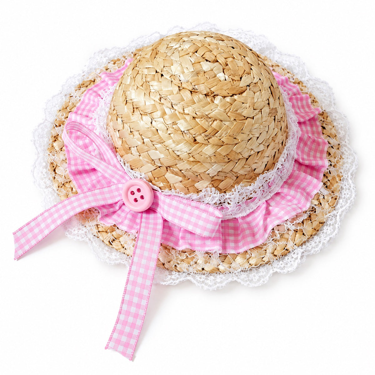 Gingham Lace Straw Hat for Photos - Pink Gingham