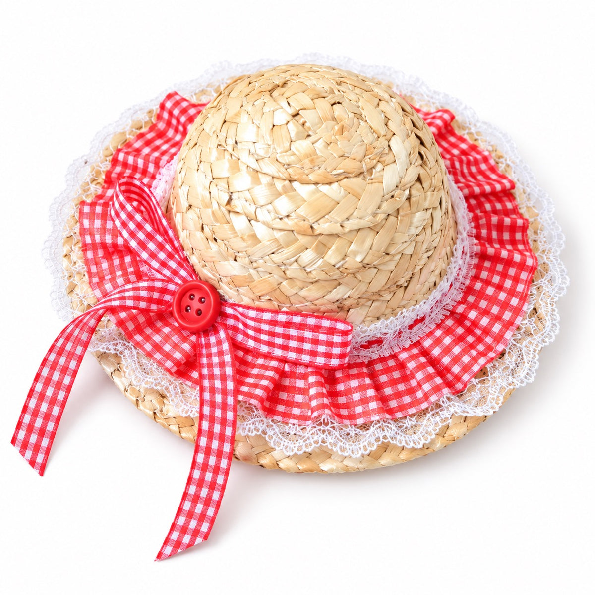 Gingham Lace Straw Hat for Photos - Coral Gingham