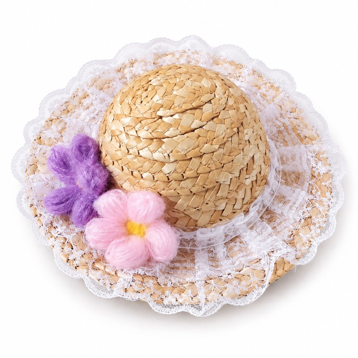 Gingham Lace Straw Hat for Photos - White Flower Lace