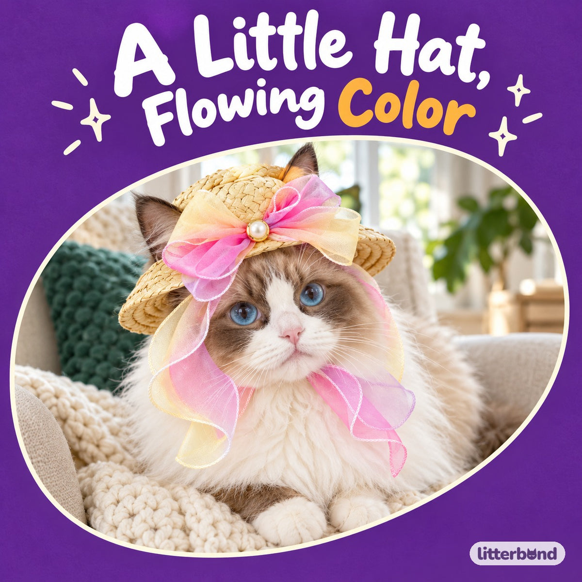 Pastel Bow Straw Hat for Photos on a cat