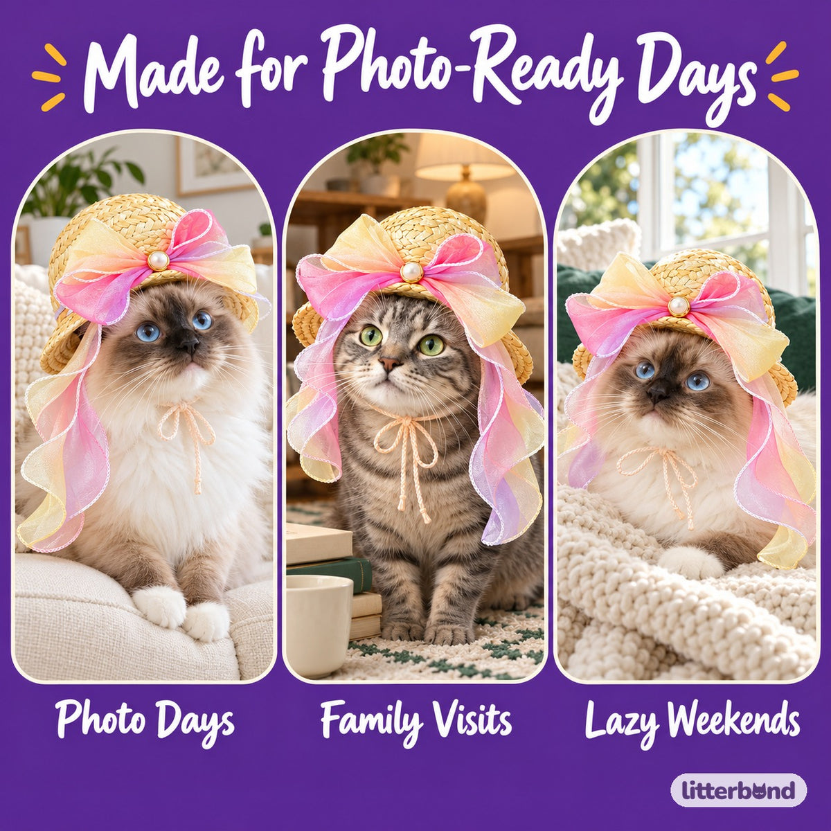 Pastel Bow Straw Hat for Photos on a cat at home