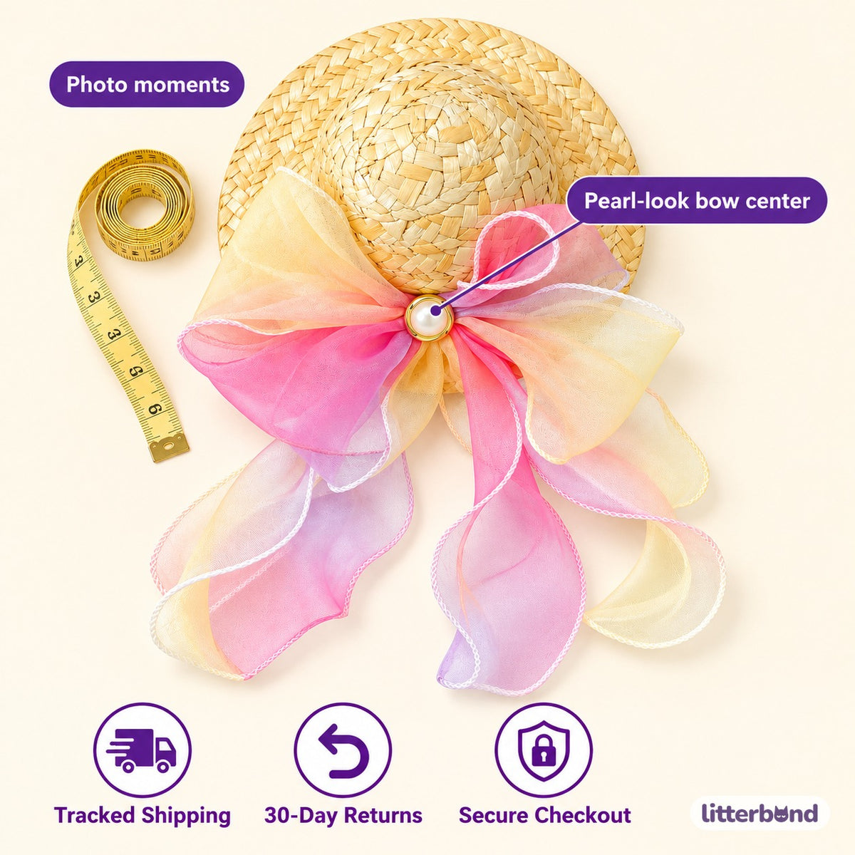 Pastel Bow Straw Hat for Photos - size and details