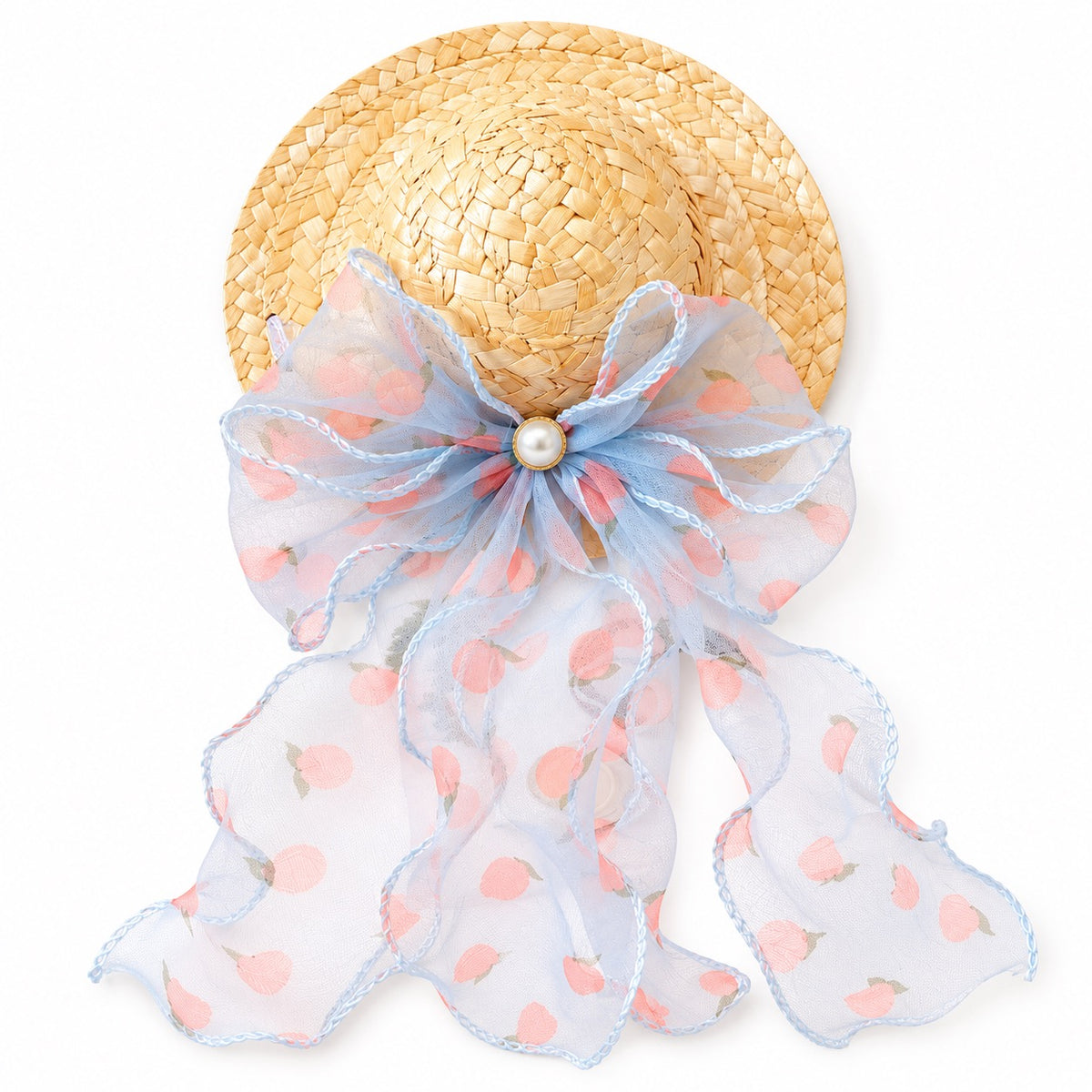 Pastel Bow Straw Hat for Photos - Blue & Peach