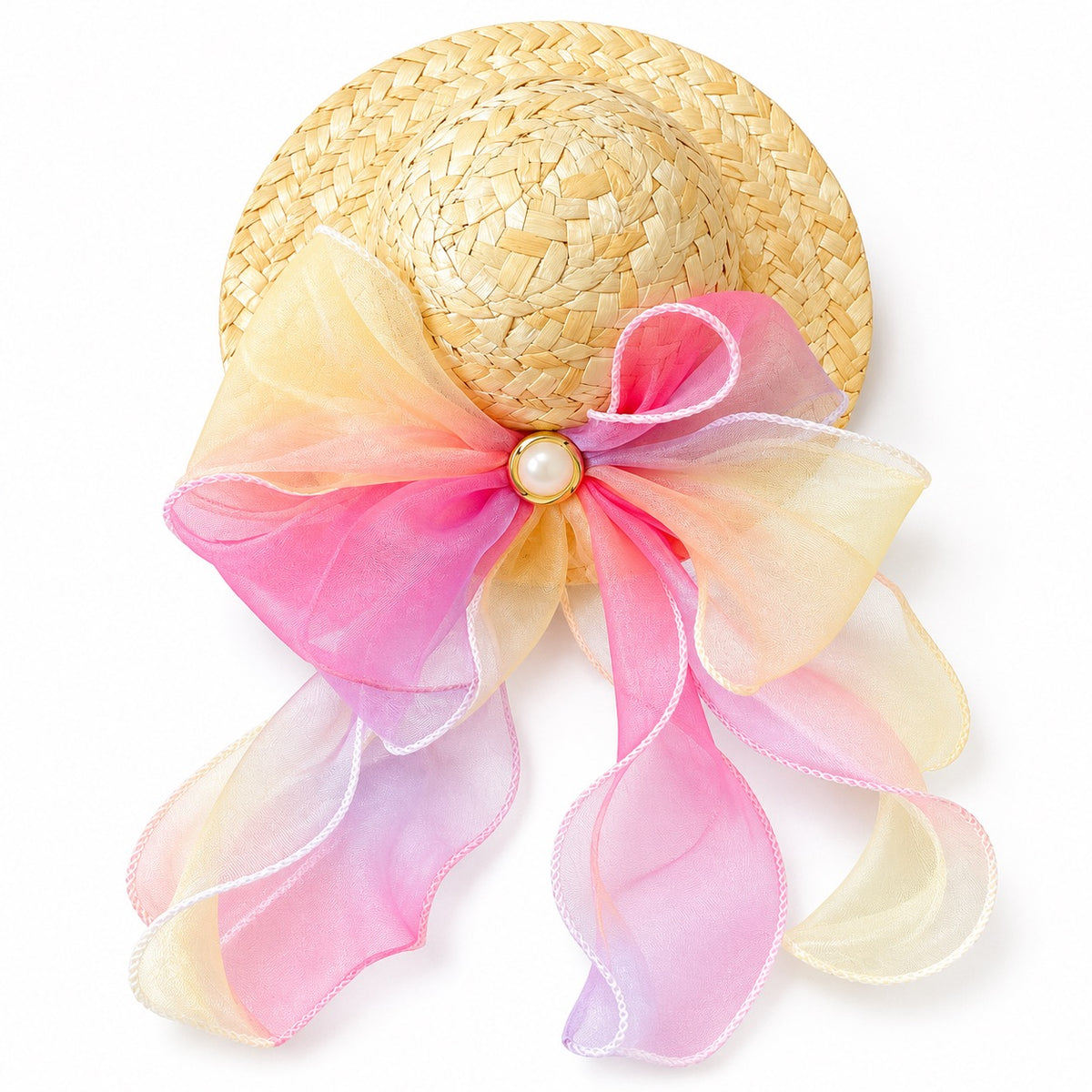 Pastel Bow Straw Hat for Photos - Pink & Yellow