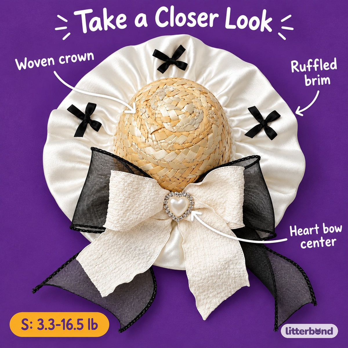 Heart Bow Straw Hat for Photos - close-up details