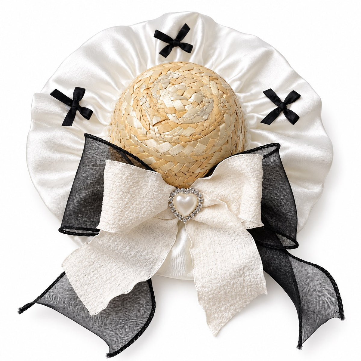 Heart Bow Straw Hat for Photos - Black and Ivory