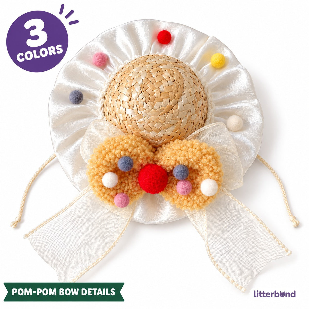 Pom-Pom Bow Straw Hat for Photos