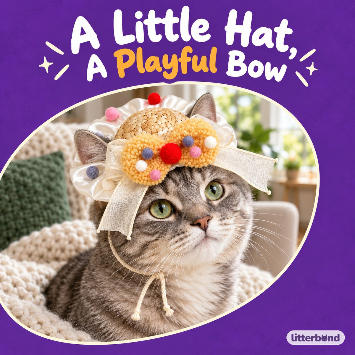 Pom-Pom Bow Straw Hat for Photos on a cat