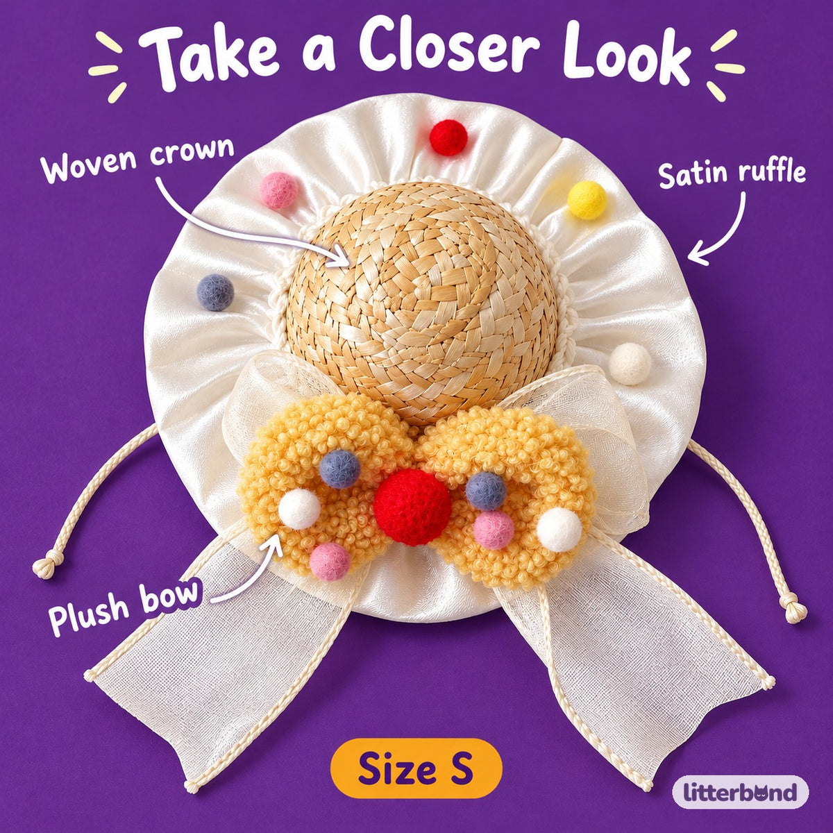 Pom-Pom Bow Straw Hat for Photos - close-up details