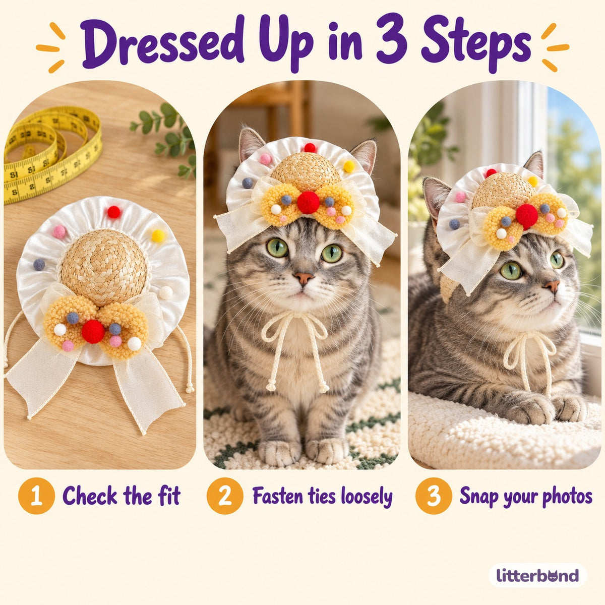 Pom-Pom Bow Straw Hat for Photos - how to put it on