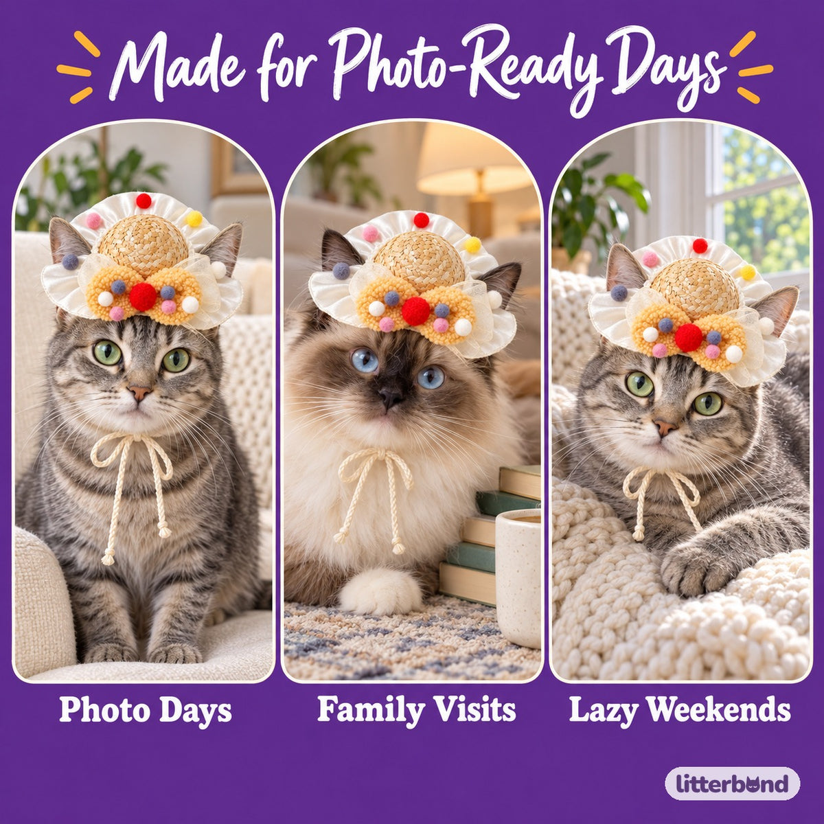Pom-Pom Bow Straw Hat for Photos on a cat at home