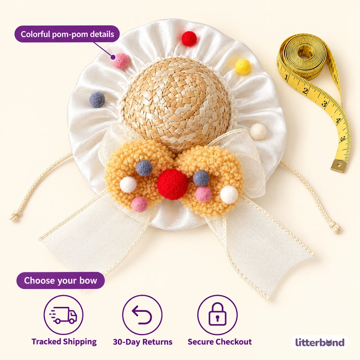 Pom-Pom Bow Straw Hat for Photos - size and details