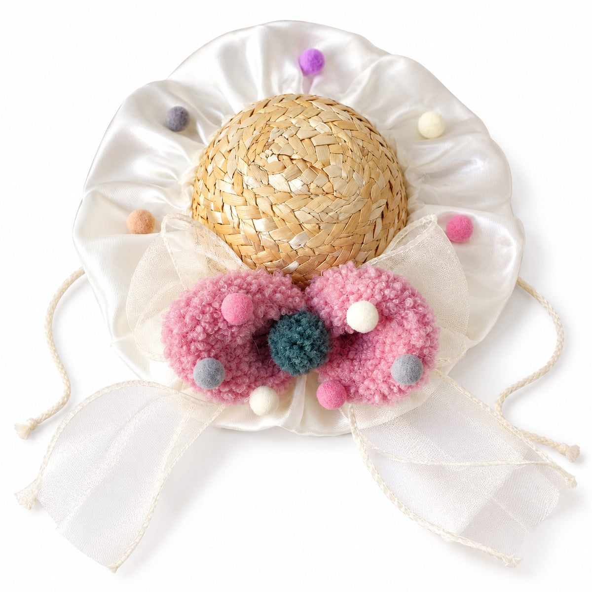 Pom-Pom Bow Straw Hat for Photos - Dusty Pink