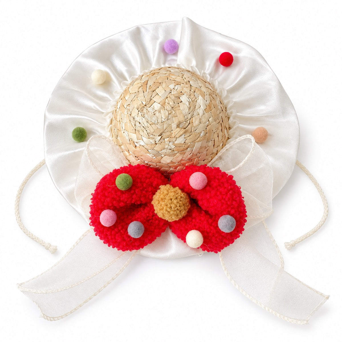Pom-Pom Bow Straw Hat for Photos - Cherry Red