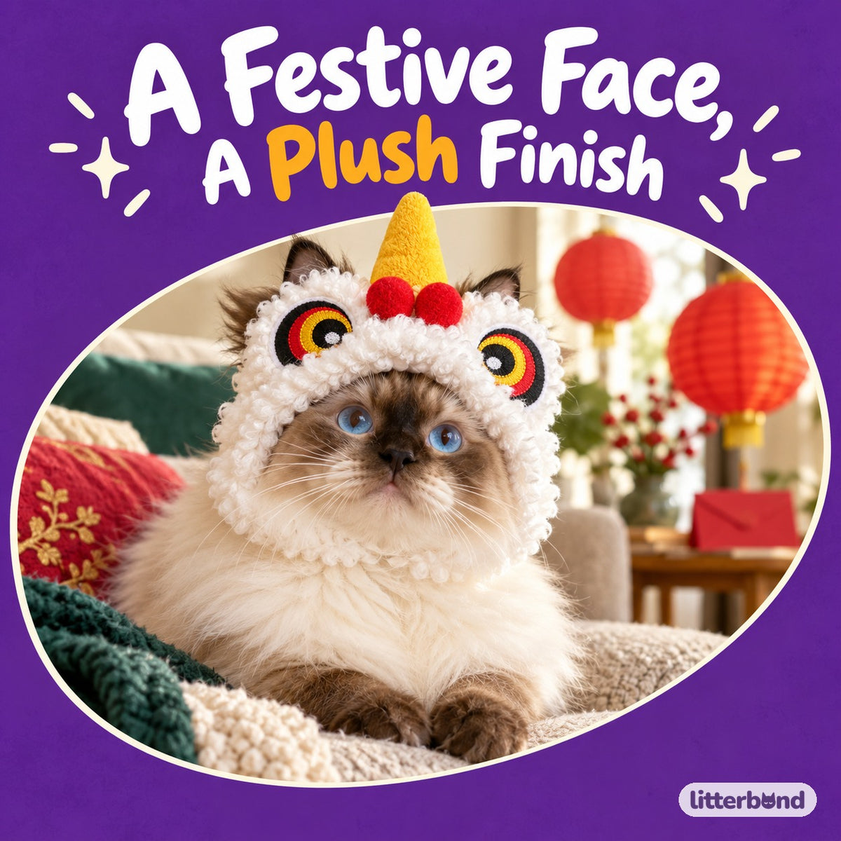 White Lion Dance Hat for Photos on a cat