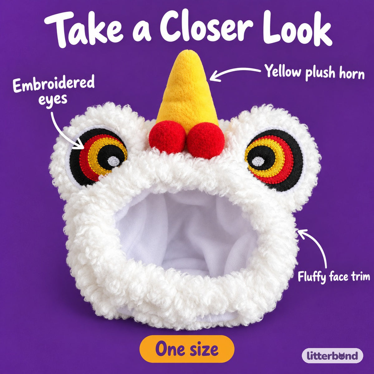 White Lion Dance Hat for Photos - close-up details