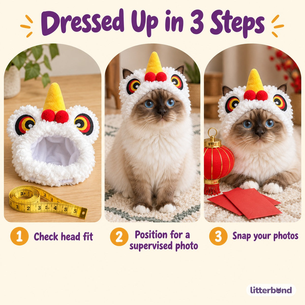 White Lion Dance Hat for Photos - how to put it on