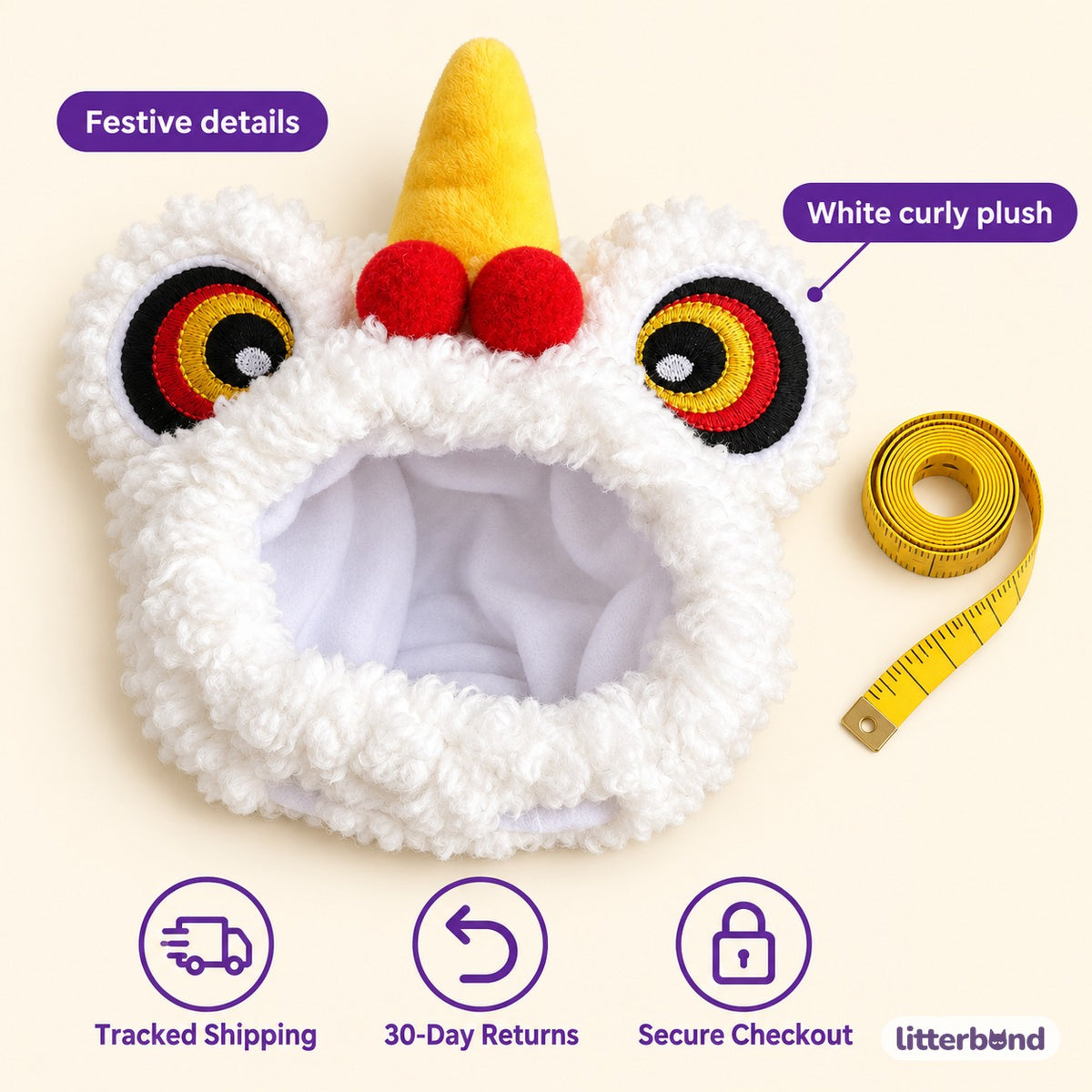 White Lion Dance Hat for Photos - size and details