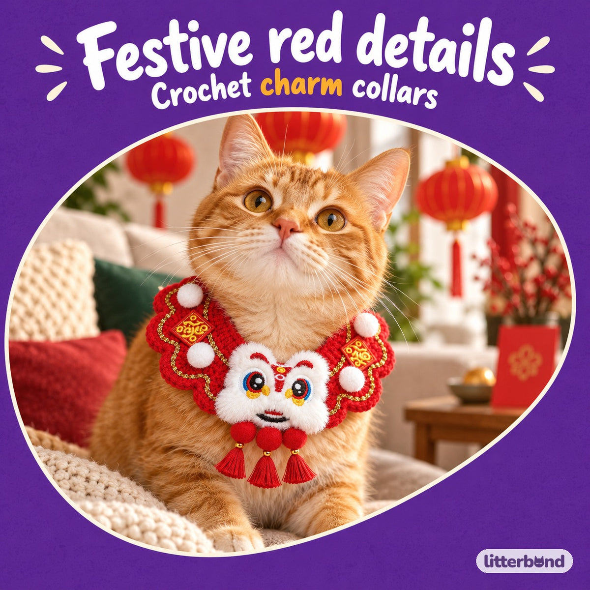 Crochet Charm Collar for Holiday Photos on a cat