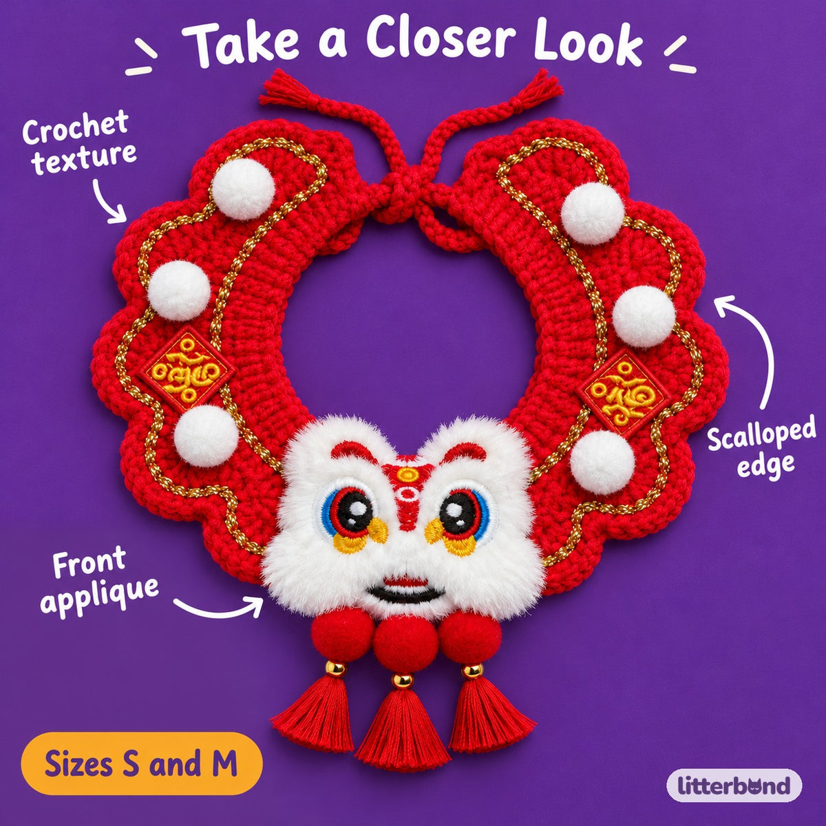 Crochet Charm Collar for Holiday Photos - close-up details