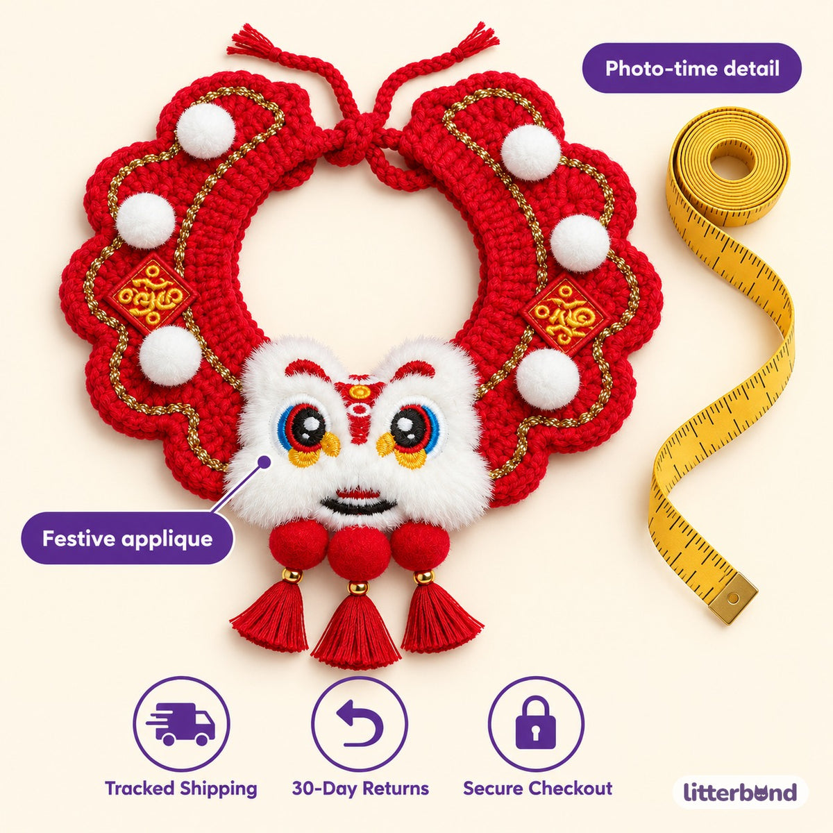 Crochet Charm Collar for Holiday Photos - size and details