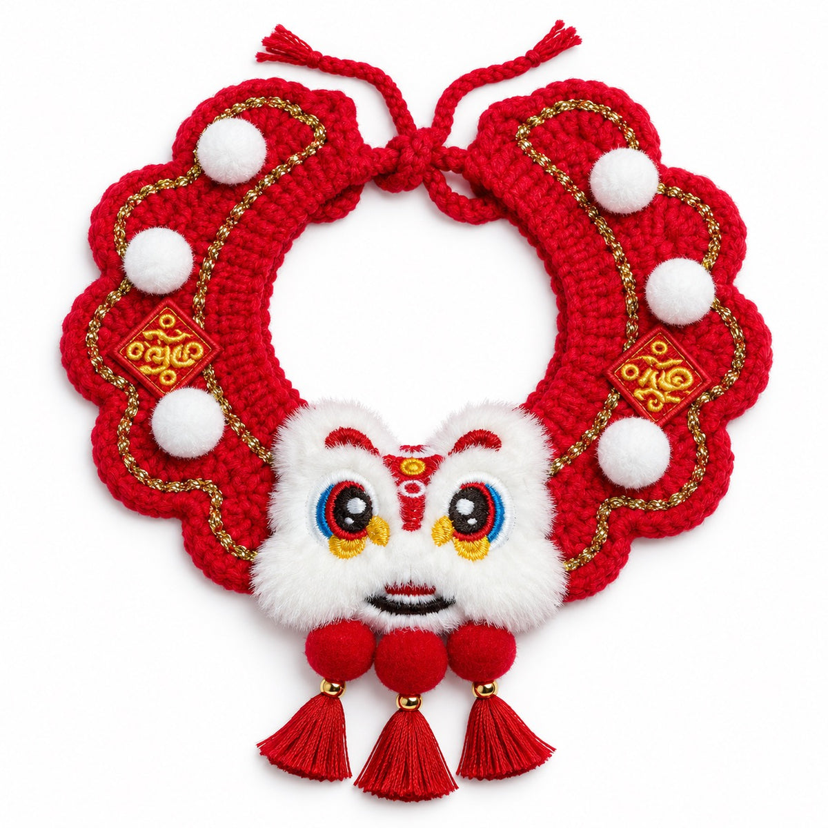 Crochet Charm Collar for Holiday Photos - White Lion Dance