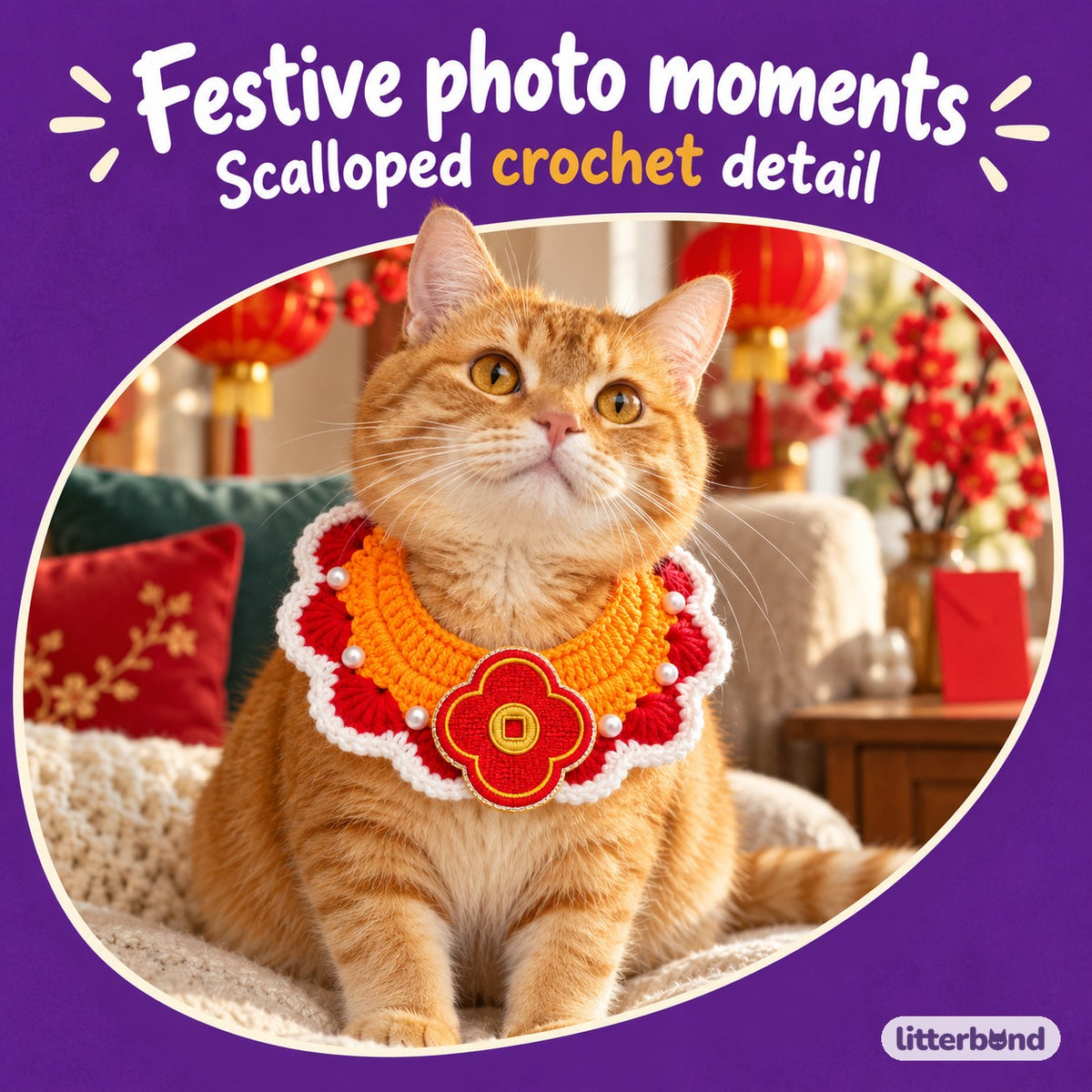 Pearl-Trim Bib for New Year Photos on a cat