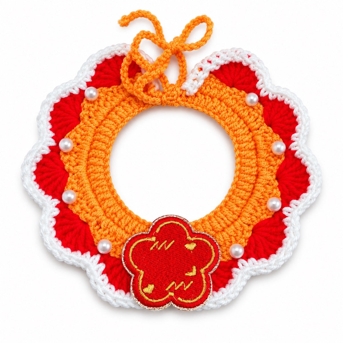 Pearl-Trim Bib for New Year Photos - Red Blossom