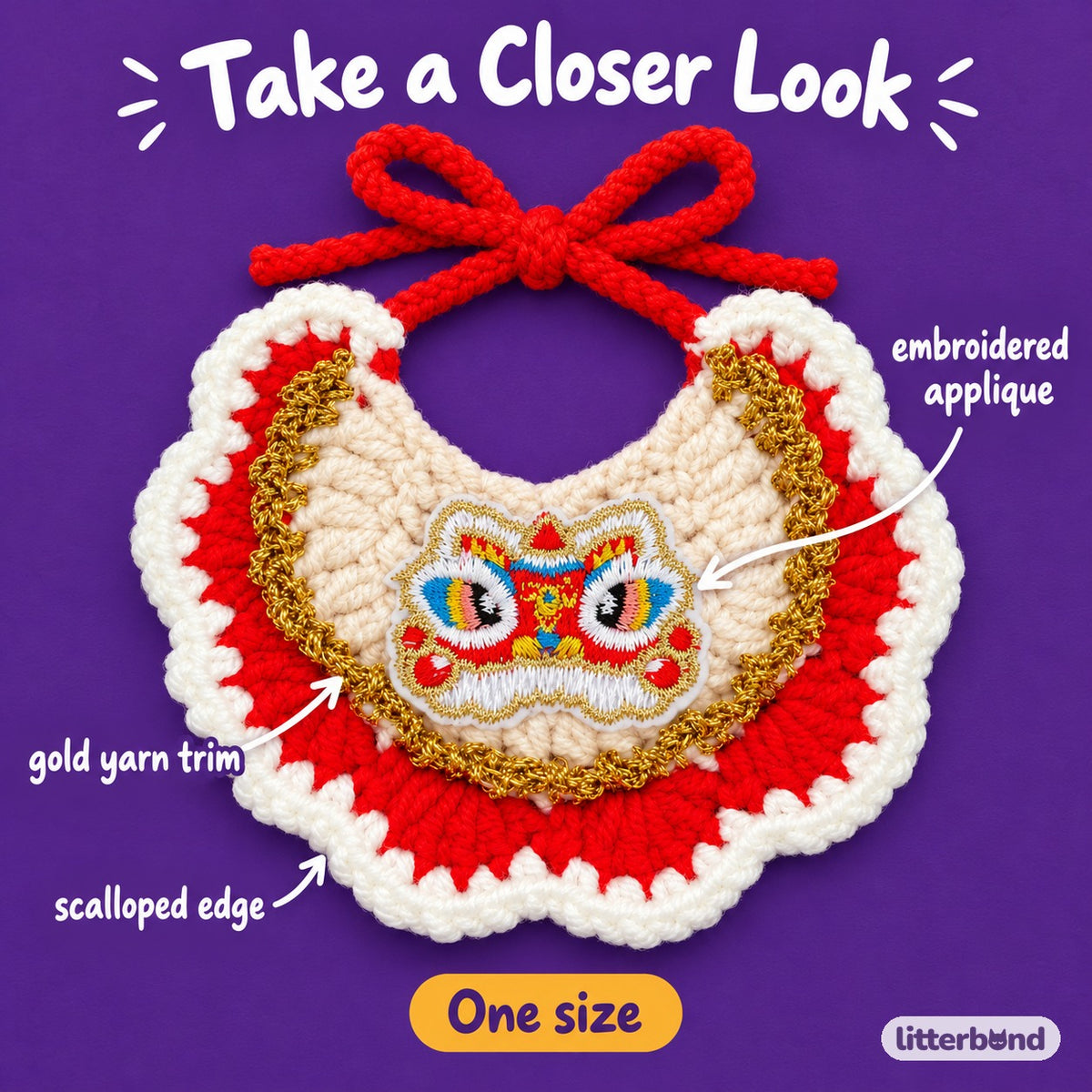 Gold-Trim Crochet Bib for New Year - close-up details