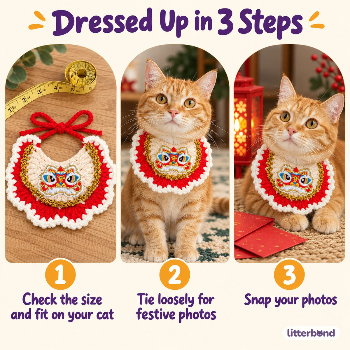 Gold-Trim Crochet Bib for New Year - how to put it on